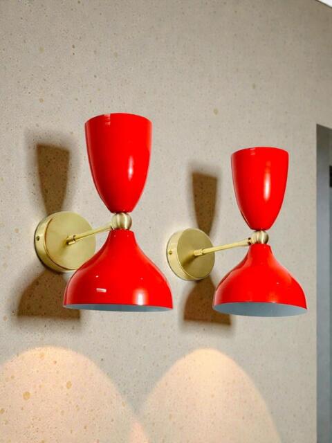 Mid Century Modern Brass Diabolo Wall Sconce Pair - Red Italian Lighting - image 1