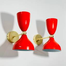 Mid Century Modern Brass Diabolo Wall Sconce Pair - Red Italian Lighting - thumbnail 2