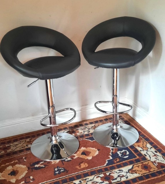 Pair Of Vintage Leather Look & Chrome Adjustable Bar Stools - image 1