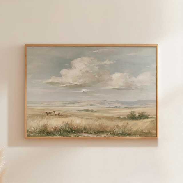 Horse Pasture Poster, Blue Sky Landscape Print, Country Wall Art, Paper - image 1