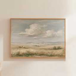 Horse Pasture Poster, Blue Sky Landscape Print, Country Wall Art, Paper - thumbnail 1
