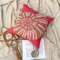 Cotton Linen Mother Of Pearl & Lace Work Coral Pink, 24x24/26x26, Beach Style Euro Sham - Sea Shells - thumbnail 2