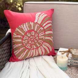Cotton Linen Mother Of Pearl & Lace Work Coral Pink, 24x24/26x26, Beach Style Euro Sham - Sea Shells - thumbnail 3