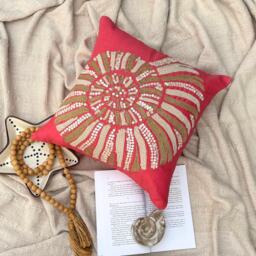 Cotton Linen Mother Of Pearl & Lace Work Coral Pink Pillow Sham, 24x24/26x26, Beach Style Euro Square Pillowcase - Sea Shells - thumbnail 2