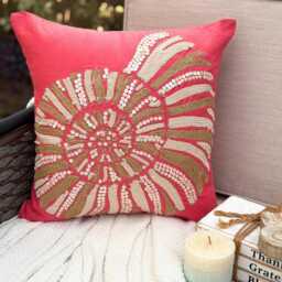 Cotton Linen Mother Of Pearl & Lace Work Coral Pink, 24x24/26x26, Beach Style Euro Sham - Sea Shells
