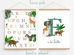 Jungle Animals Nursery Wall Tapestry Set, Personalised Safari Canvas Art, Wooden Poster Hangers, Playroom Decor, 1st Birthday Gift Kids Room