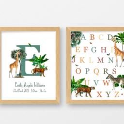 Jungle Animals Nursery Wall Tapestry Set, Personalised Safari Canvas Art, Wooden Poster Hangers, Playroom Decor, 1st Birthday Gift Kids Room - thumbnail 3