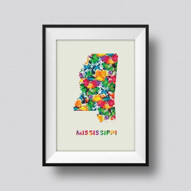 Mississippi Map Usa Watercolor Art Print Ink Splash Poster Canvas
