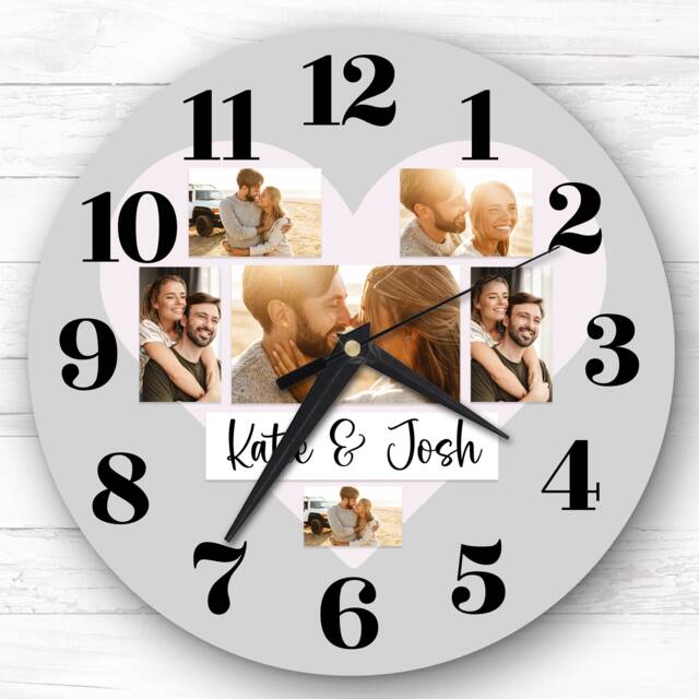 Couple Love Heart Photos Grey Romantic Personalised Gift Clock - image 1