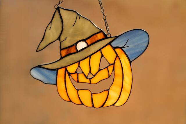 stained Glass Pumpkin in A Hat Fall Orange Halloween Suncatcher Picture, Window Wall Hangings Cling Nature Gift House - image 1