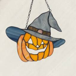 stained Glass Pumpkin in A Hat Fall Orange Halloween Suncatcher Picture, Window Wall Hangings Cling Nature Gift House - thumbnail 4