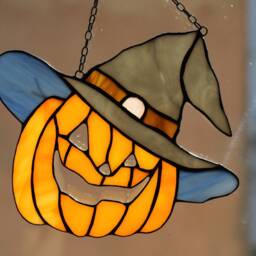 stained Glass Pumpkin in A Hat Fall Orange Halloween Suncatcher Picture, Window Wall Hangings Cling Nature Gift House - thumbnail 2
