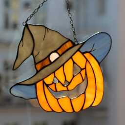 stained Glass Pumpkin in A Hat Fall Orange Halloween Suncatcher Picture, Window Wall Hangings Cling Nature Gift House - thumbnail 3