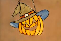 stained Glass Pumpkin in A Hat Fall Orange Halloween Suncatcher Picture, Window Wall Hangings Cling Nature Gift House