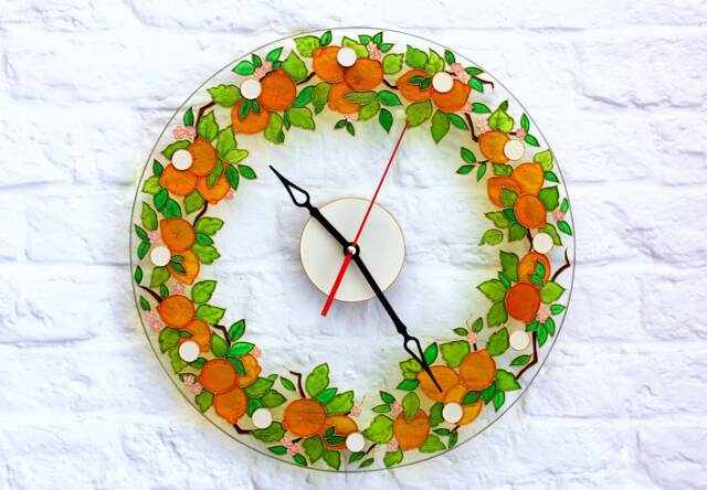 stain Glass Kitchen Clock - Hand Paint Round Wall Italy Mediterranean Decor Sicily Lemon - image 1