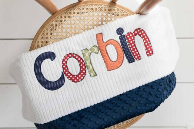Monogrammed Baby Blanket in Storm, Navy Blue Dot Minky & White Chenille, Personalized With Your Boy's First Name Colorful Fabrics - image 1