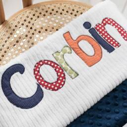 Monogrammed Baby Blanket in Storm, Navy Blue Dot Minky & White Chenille, Personalized With Your Boy's First Name Colorful Fabrics - thumbnail 4