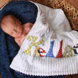 Monogrammed Baby Blanket in Storm, Navy Blue Dot Minky & White Chenille, Personalized With Your Boy's First Name Colorful Fabrics - thumbnail 2