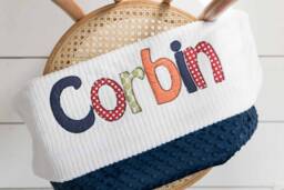 Monogrammed Baby Blanket in Storm, Navy Blue Dot Minky & White Chenille, Personalized With Your Boy's First Name Colorful Fabrics - thumbnail 1