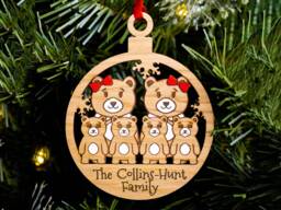 Same Sex Family, Cute Bear Christmas Tree Decoration, Personalised Engraved Xmas Bauble, Secret Santa, Lesbian Mums Mummy Kids Family Of 6 - thumbnail 1