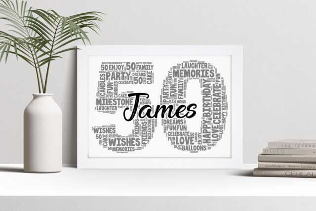 50Th Word Art Personalised Print, Fiftieth Custom Wall Framed Picture Birthday Gift, For Him, Her, Men, Women, Male A5, A4, A3 - image 1