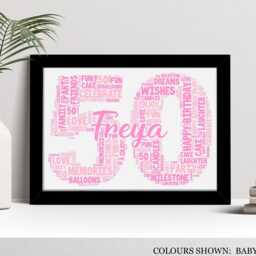 50Th Word Art Personalised Print, Fiftieth Custom Wall Framed Picture Birthday Gift, For Him, Her, Men, Women, Male A5, A4, A3 - thumbnail 2