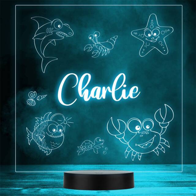 Cute Sea Animals Square Name Personalised Gift Colour Change Led Night Light - image 1