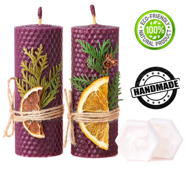 Beeswax Gifts Purple Set. 2 Pillar 100% Candles With Natural Honey Scent - Size 13 X 5 cm & Shea Butter Soap For Gift Home - image 1