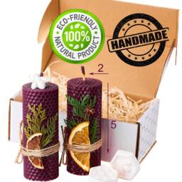 Beeswax Gifts Purple Set. 2 Pillar 100% Candles With Natural Honey Scent - Size 13 X 5 cm & Shea Butter Soap For Gift Home - thumbnail 2