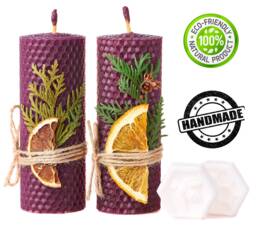 Beeswax Gifts Purple Set. 2 Pillar 100% Candles With Natural Honey Scent - Size 13 X 5 cm & Shea Butter Soap For Gift Home - thumbnail 1