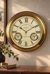 Vintage Style Large Decorative World Time Wall Clock, Antique Brass Finish, Roman Numeral Luxury Home Decor