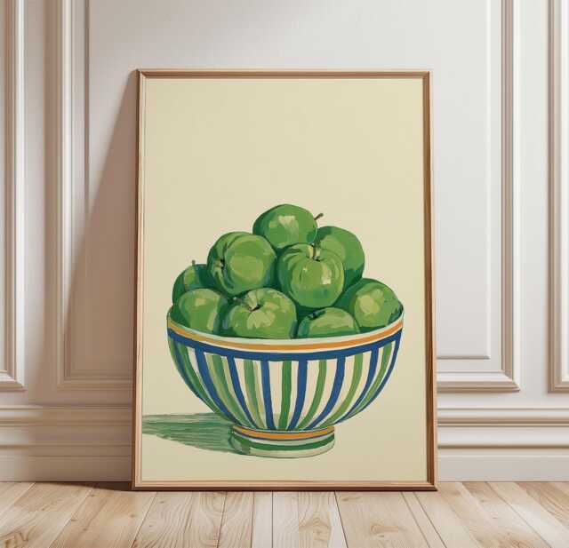 Green Apple Still Life Print, Fruit Bowl Wall Art, Kitchen Poster - image 1