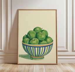 Green Apple Still Life Print, Fruit Bowl Wall Art, Kitchen Poster - thumbnail 1