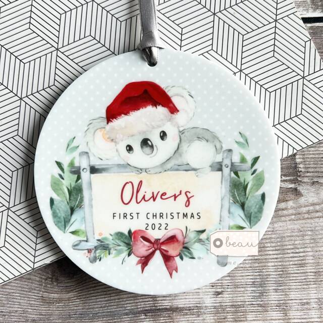 Personalised 1st Christmas Baby Babies Baby's First Koala Signpost Design Acrylic Round Ornament Keepsake Boy Child Gift