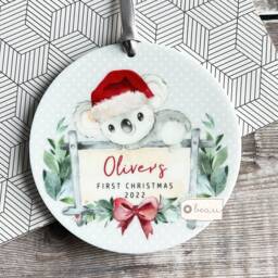 Personalised 1st Christmas Baby Babies Baby's First Koala Signpost Design Acrylic Round Ornament Keepsake Boy Child Gift