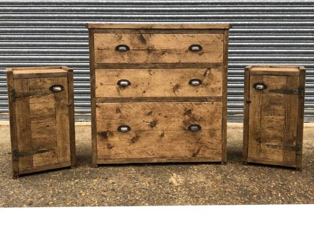 Up-Cycled Bedroom Set A Rustic Chest Of Draws & Pair Bedside Cabinets - For Delivery Charge Info See Description - image 1