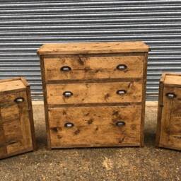 Up-Cycled Bedroom Set A Rustic Chest Of Draws & Pair Bedside Cabinets - For Delivery Charge Info See Description - thumbnail 2