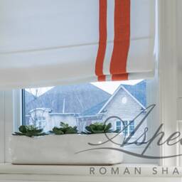 Custom White Roman Shade With Tangerine Border, Chain Mechanism - thumbnail 2
