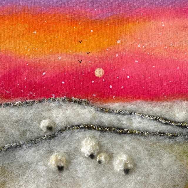 Original Mixed Media Textile Art, Snowy Fields With Grazing Sheep Under A Morning Sunrise Sky - image 1