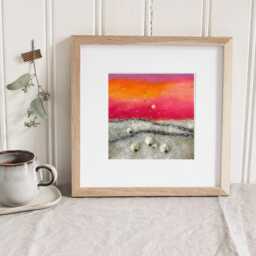 Original Mixed Media Textile Art, Snowy Fields With Grazing Sheep Under A Morning Sunrise Sky - thumbnail 3