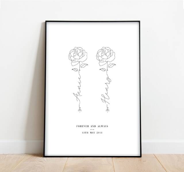 Personalised Couple Rose Print Engagement Gift, Valentine's Day - A4 - image 1