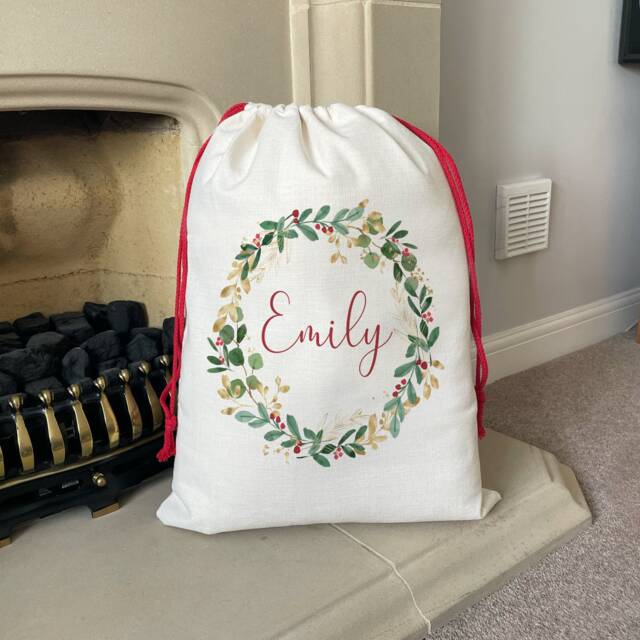 Personalised Christmas Sack - Linen Wreath, Family Toy - image 1