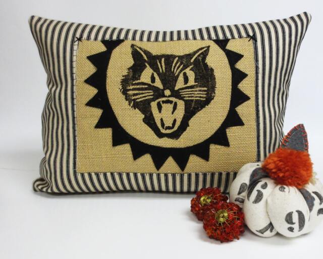 Halloween Kitty Cat Burlap Lumbar Pillow - Gothic Decor - image 1