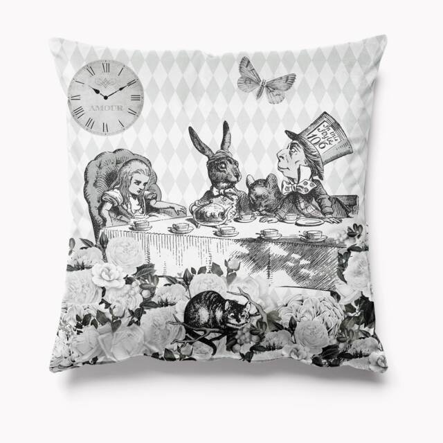 Alice in Wonderland Cushion Velvet Black & White 45cm X Cushions Pillows Limited Edition Tea Party - Home Decor Mad Hater Rabbit Hare - image 1