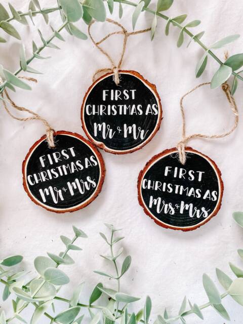 First Christmas Married - Hand Painted Wood Ornament Mr Mrs Newlyweds - image 1