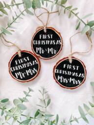First Christmas Married - Hand Painted Wood Ornament Mr Mrs Newlyweds - thumbnail 1