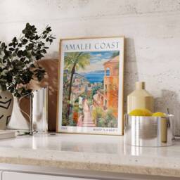 Amalfi Coast Travel Poster, Print, Positano Italy Italian Coastal Decor, Mediterranean Print - thumbnail 2