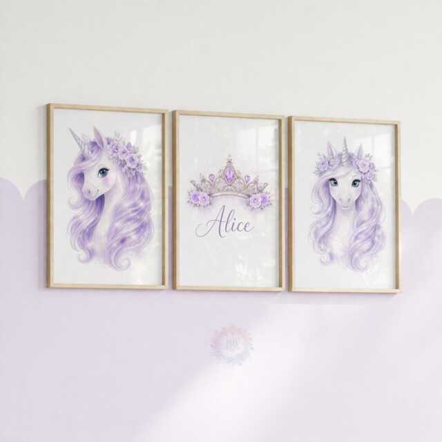 Unicorn Girls Bedroom Prints - Personalised Lavender Set Of 3, Crown Nursery Wall Art - image 1