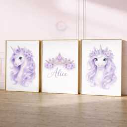 Unicorn Girls Bedroom Prints - Personalised Lavender Set Of 3, Crown Nursery Wall Art - thumbnail 2