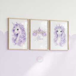 Unicorn Girls Bedroom Prints - Personalised Lavender Set Of 3, Crown Nursery Wall Art
